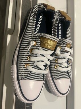 Converse Striped Navy and White Low Top Sneakers with Gold Accents